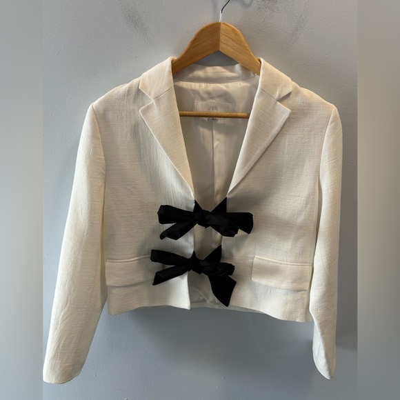 ZARA Bow Tie Short Jacket Blazer Linen Blend XS Faux Pockets Blogger Favourite - Picture 3 of 12